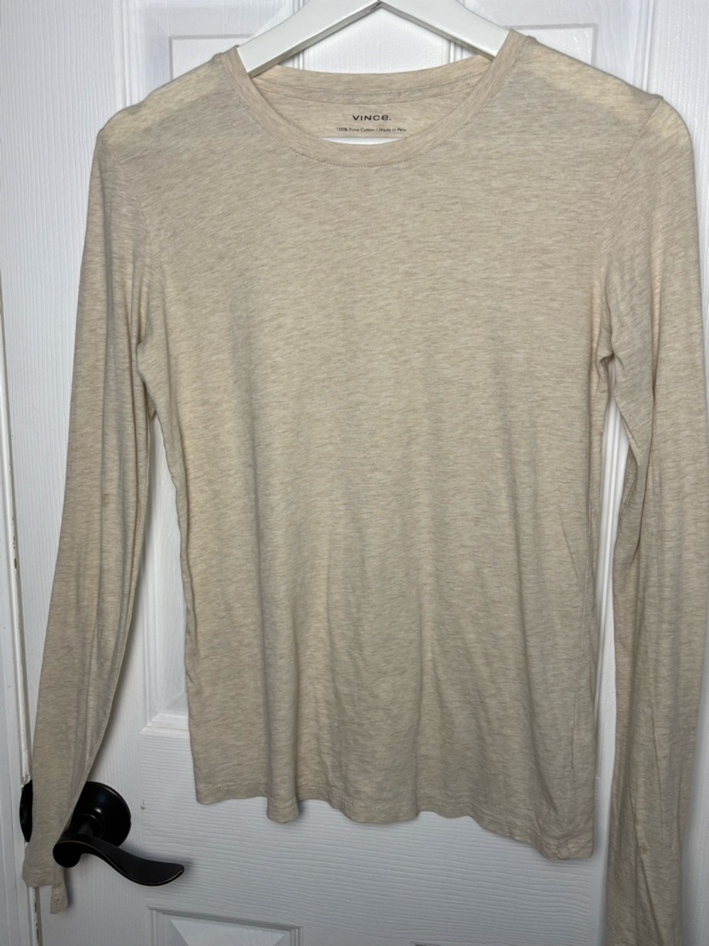 Vince 100% Cotton Long-Sleeve Crewneck Shirt in Oatmeal